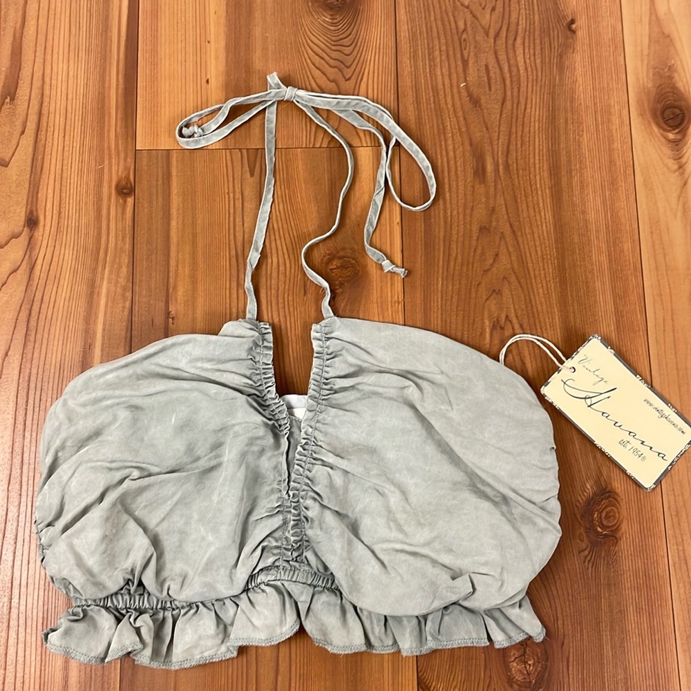 Vintage Havana Ruffle Ruched Pull On Halter Top Acid Wash Green Small NWT